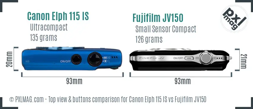 Canon Elph 115 IS vs Fujifilm JV150 top view buttons comparison