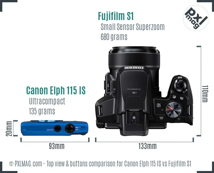 Canon Elph 115 IS vs Fujifilm S1 top view buttons comparison