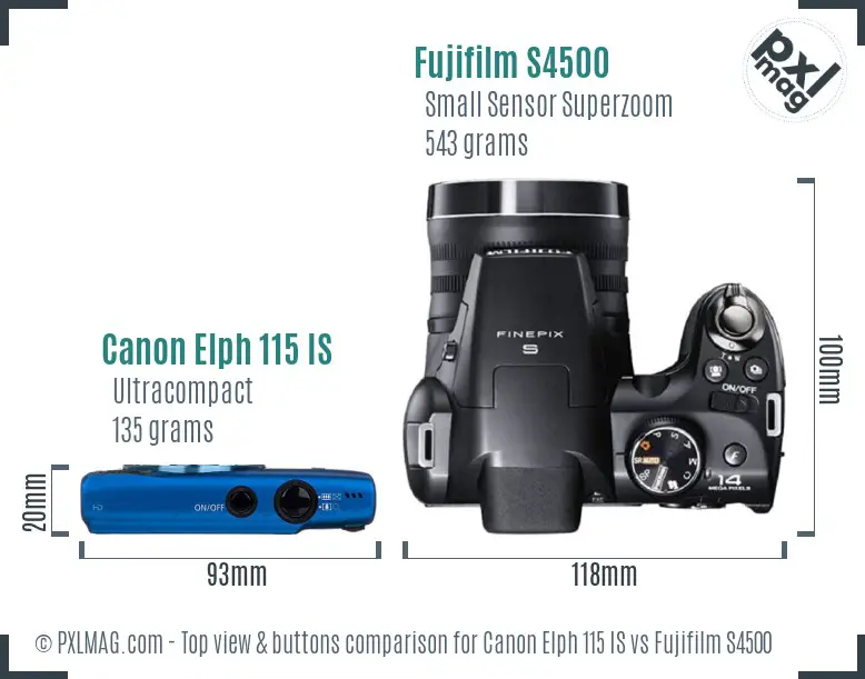 Canon Elph 115 IS vs Fujifilm S4500 top view buttons comparison