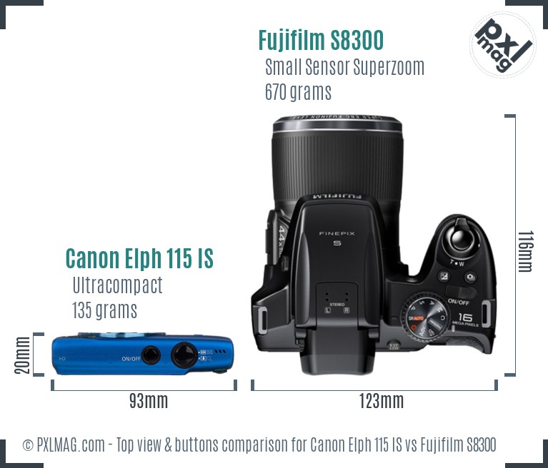 Canon Elph 115 IS vs Fujifilm S8300 top view buttons comparison
