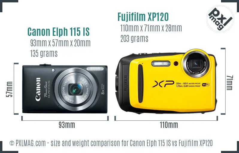 Canon Elph 115 IS vs Fujifilm XP120 size comparison
