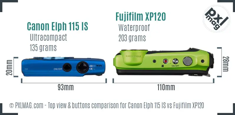 Canon Elph 115 IS vs Fujifilm XP120 top view buttons comparison