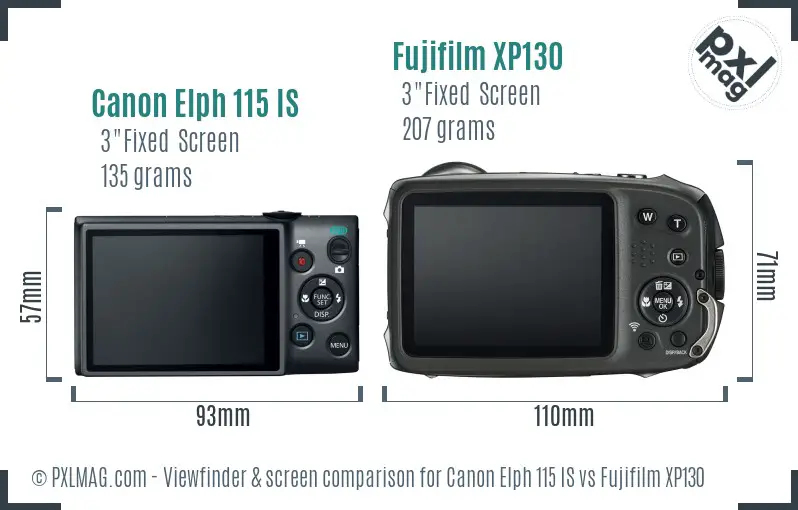 Canon Elph 115 IS vs Fujifilm XP130 Screen and Viewfinder comparison