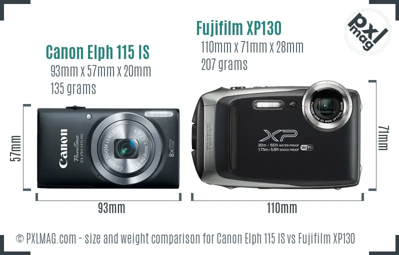 Canon Elph 115 IS vs Fujifilm XP130 size comparison