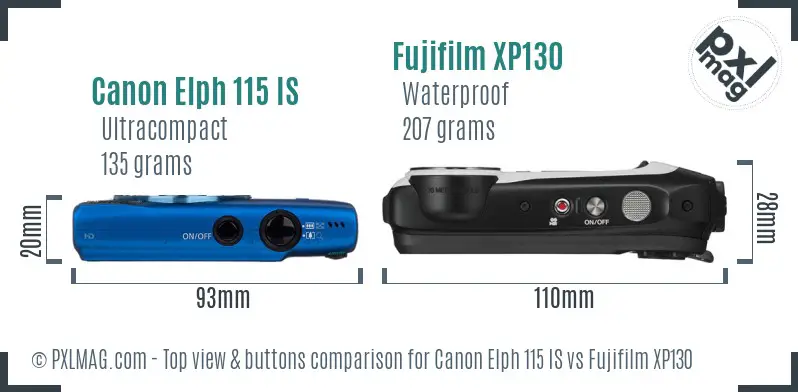 Canon Elph 115 IS vs Fujifilm XP130 top view buttons comparison