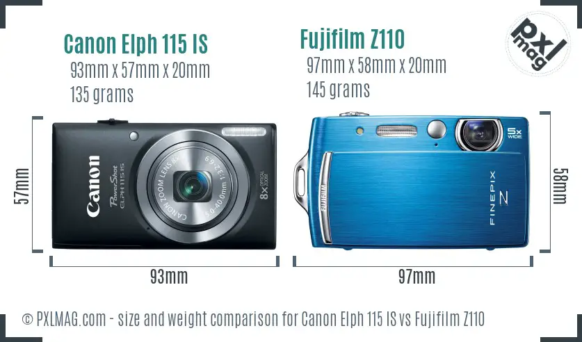 Canon Elph 115 IS vs Fujifilm Z110 size comparison