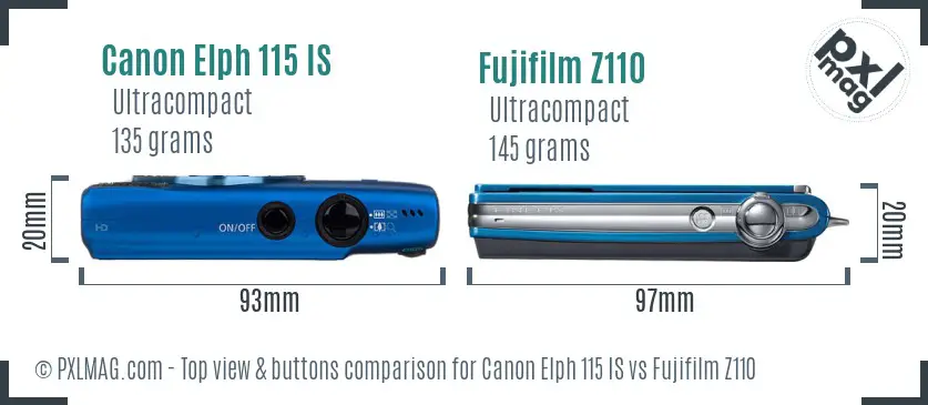 Canon Elph 115 IS vs Fujifilm Z110 top view buttons comparison