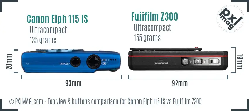 Canon Elph 115 IS vs Fujifilm Z300 top view buttons comparison