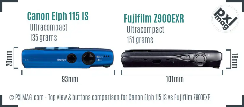 Canon Elph 115 IS vs Fujifilm Z900EXR top view buttons comparison