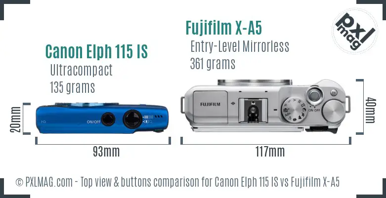 Canon Elph 115 IS vs Fujifilm X-A5 top view buttons comparison