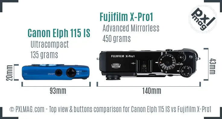 Canon Elph 115 IS vs Fujifilm X-Pro1 top view buttons comparison