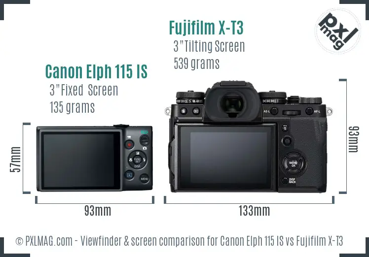 Canon Elph 115 IS vs Fujifilm X-T3 Screen and Viewfinder comparison