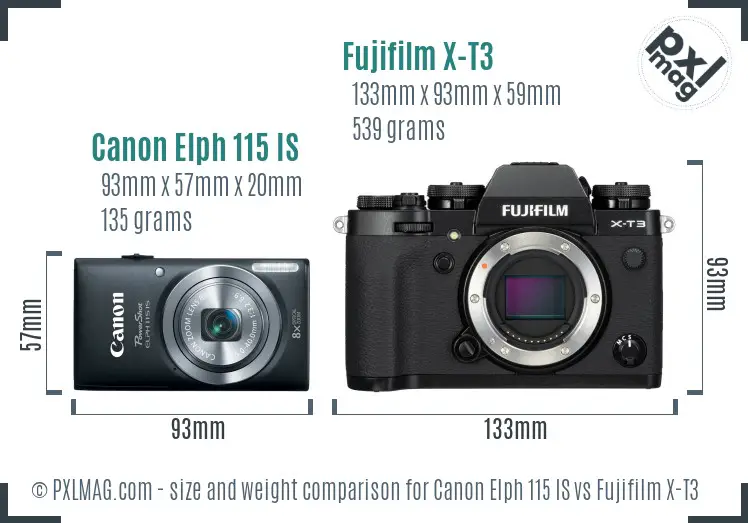 Canon Elph 115 IS vs Fujifilm X-T3 size comparison