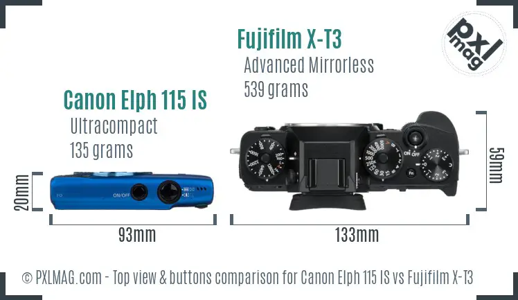 Canon Elph 115 IS vs Fujifilm X-T3 top view buttons comparison