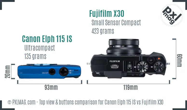 Canon Elph 115 IS vs Fujifilm X30 top view buttons comparison