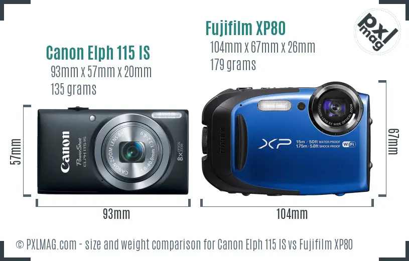 Canon Elph 115 IS vs Fujifilm XP80 size comparison