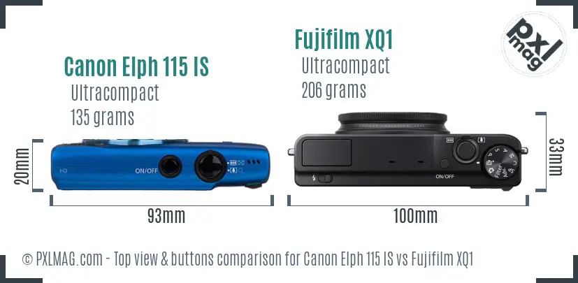 Canon Elph 115 IS vs Fujifilm XQ1 top view buttons comparison