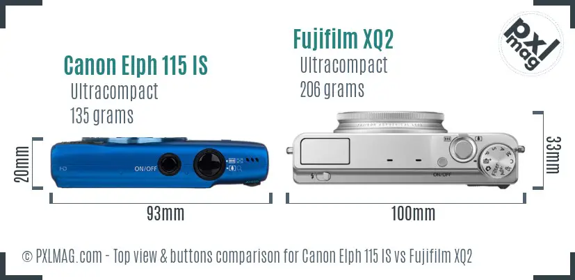 Canon Elph 115 IS vs Fujifilm XQ2 top view buttons comparison