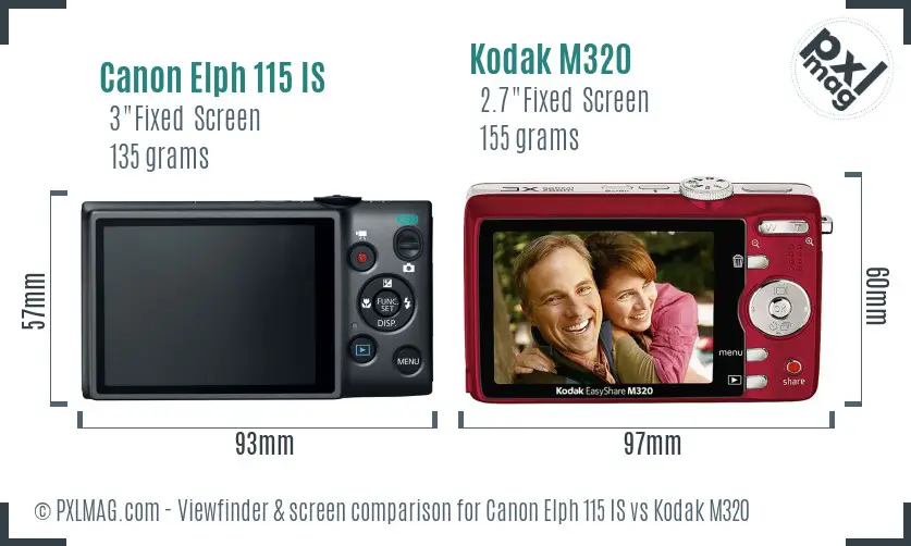 Canon Elph 115 IS vs Kodak M320 Screen and Viewfinder comparison
