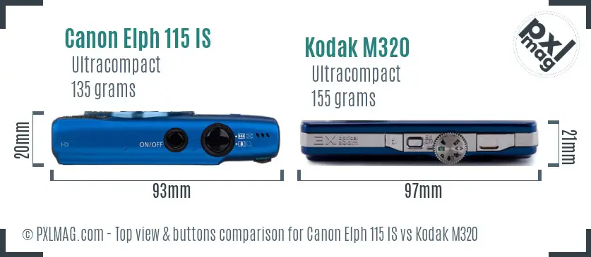 Canon Elph 115 IS vs Kodak M320 top view buttons comparison
