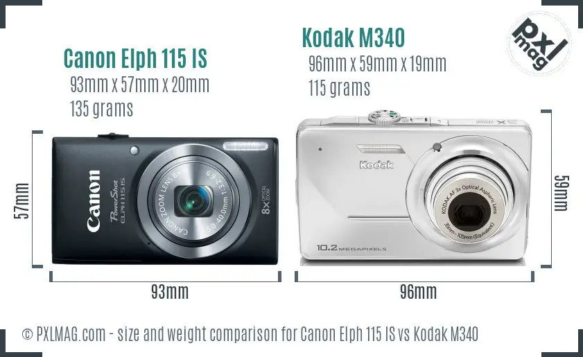 Canon Elph 115 IS vs Kodak M340 size comparison