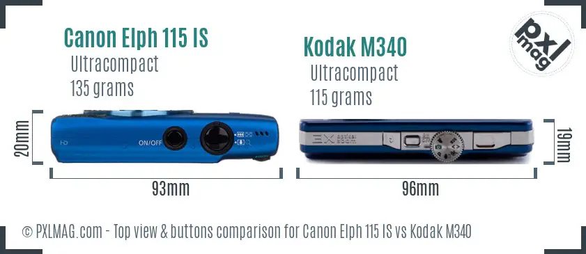 Canon Elph 115 IS vs Kodak M340 top view buttons comparison