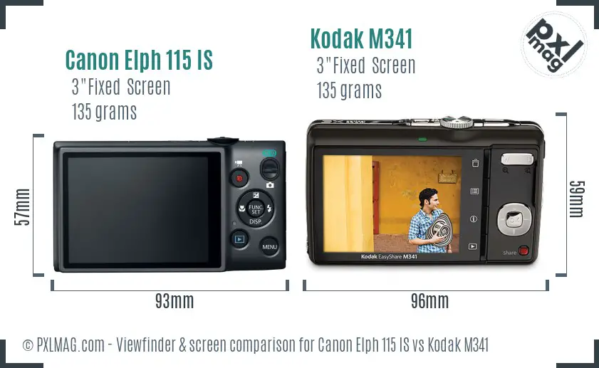 Canon Elph 115 IS vs Kodak M341 Screen and Viewfinder comparison