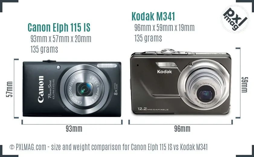 Canon Elph 115 IS vs Kodak M341 size comparison