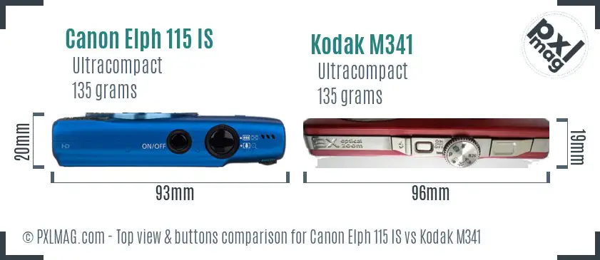 Canon Elph 115 IS vs Kodak M341 top view buttons comparison