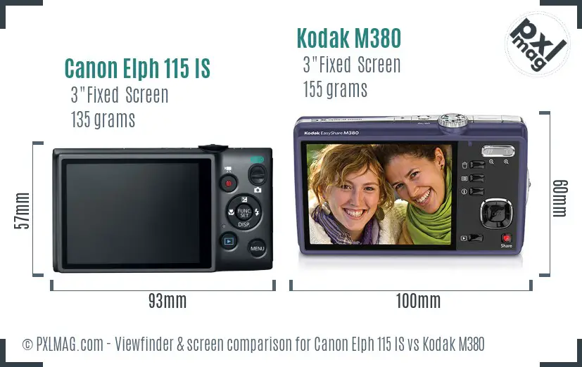 Canon Elph 115 IS vs Kodak M380 Screen and Viewfinder comparison