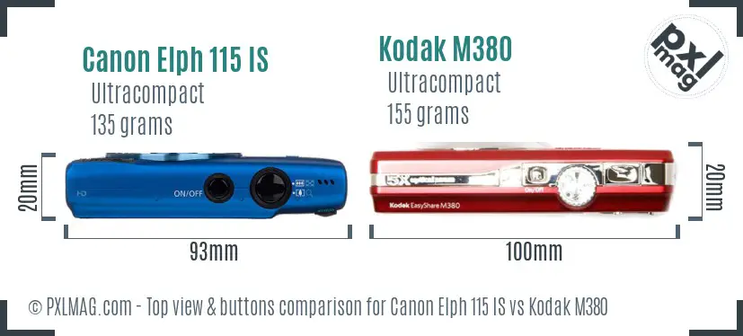 Canon Elph 115 IS vs Kodak M380 top view buttons comparison