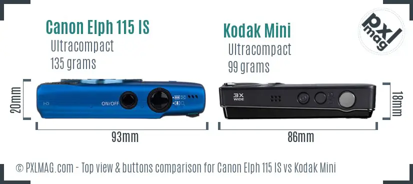 Canon Elph 115 IS vs Kodak Mini top view buttons comparison