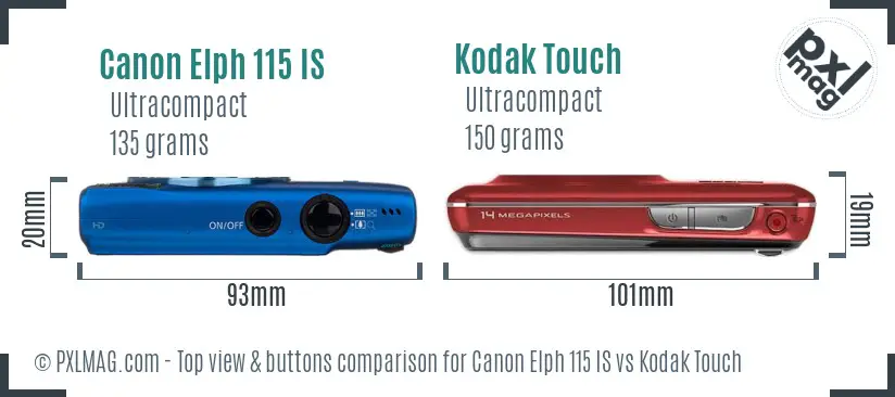 Canon Elph 115 IS vs Kodak Touch top view buttons comparison