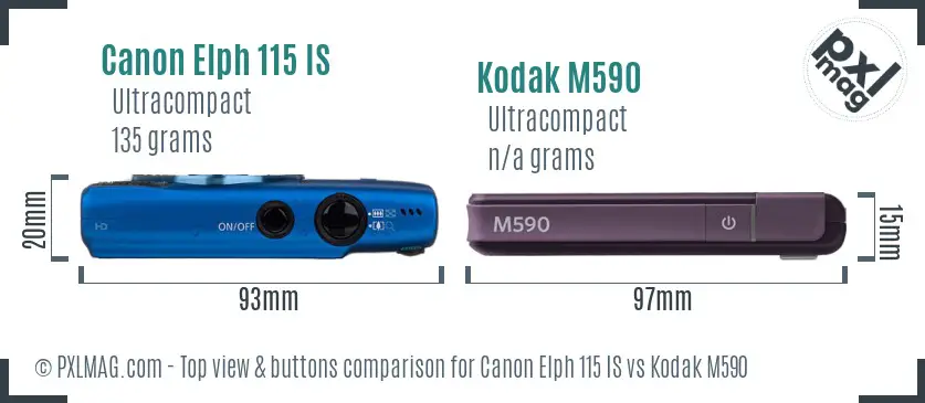 Canon Elph 115 IS vs Kodak M590 top view buttons comparison Canon Elph 115 IS vs Kodak M590 top view buttons comparison