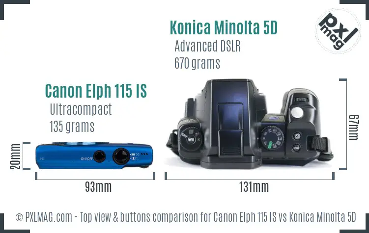 Canon Elph 115 IS vs Konica Minolta 5D top view buttons comparison