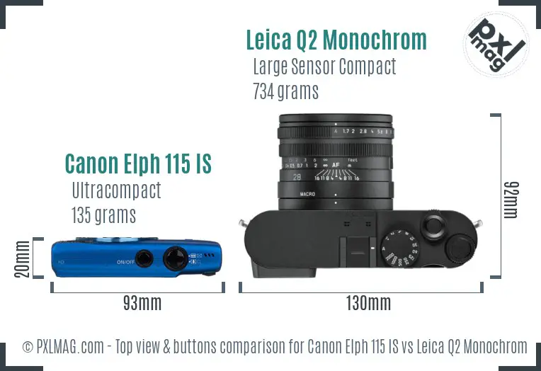 Canon Elph 115 IS vs Leica Q2 Monochrom top view buttons comparison
