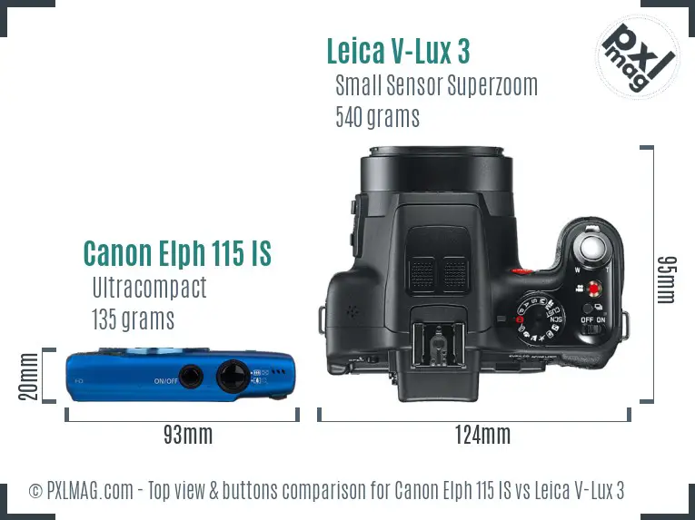 Canon Elph 115 IS vs Leica V-Lux 3 top view buttons comparison