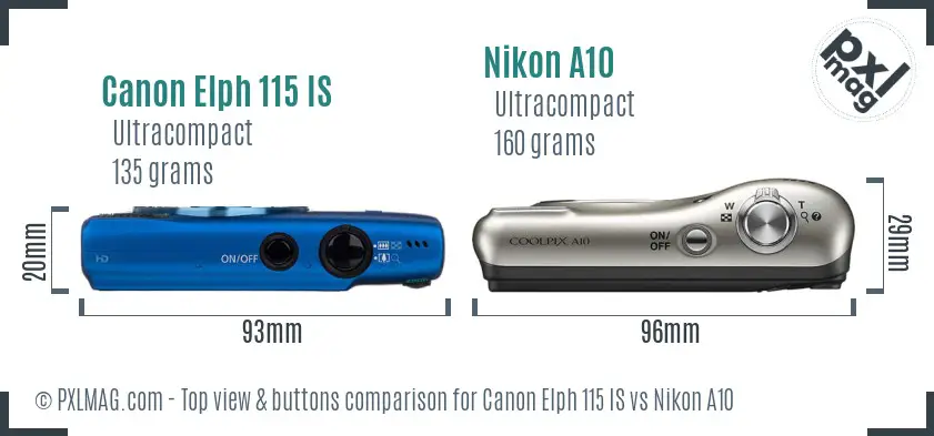 Canon Elph 115 IS vs Nikon A10 top view buttons comparison