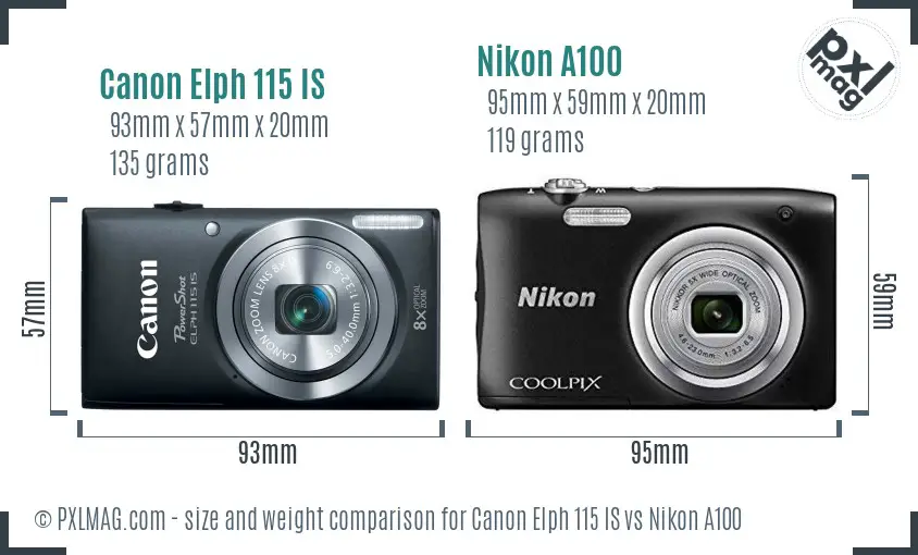 Canon Elph 115 IS vs Nikon A100 size comparison