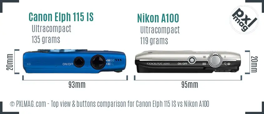 Canon Elph 115 IS vs Nikon A100 top view buttons comparison