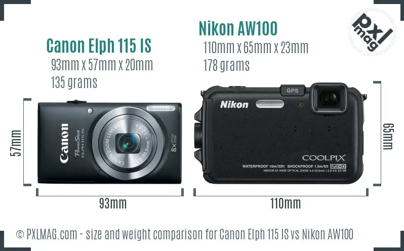 Canon Elph 115 IS vs Nikon AW100 size comparison