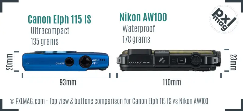 Canon Elph 115 IS vs Nikon AW100 top view buttons comparison