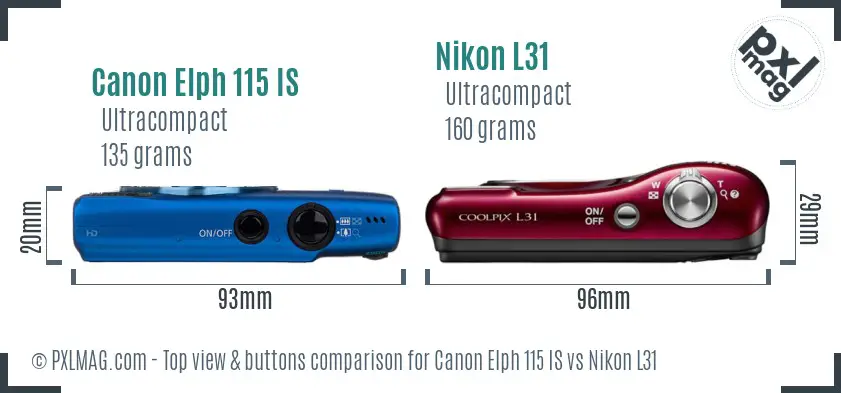 Canon Elph 115 IS vs Nikon L31 top view buttons comparison
