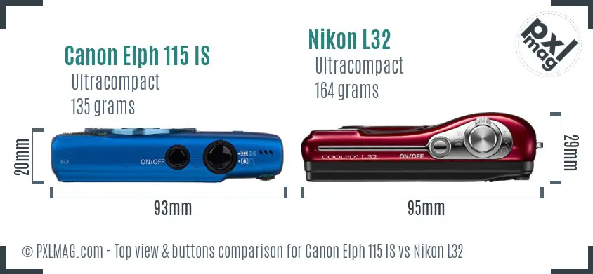 Canon Elph 115 IS vs Nikon L32 top view buttons comparison