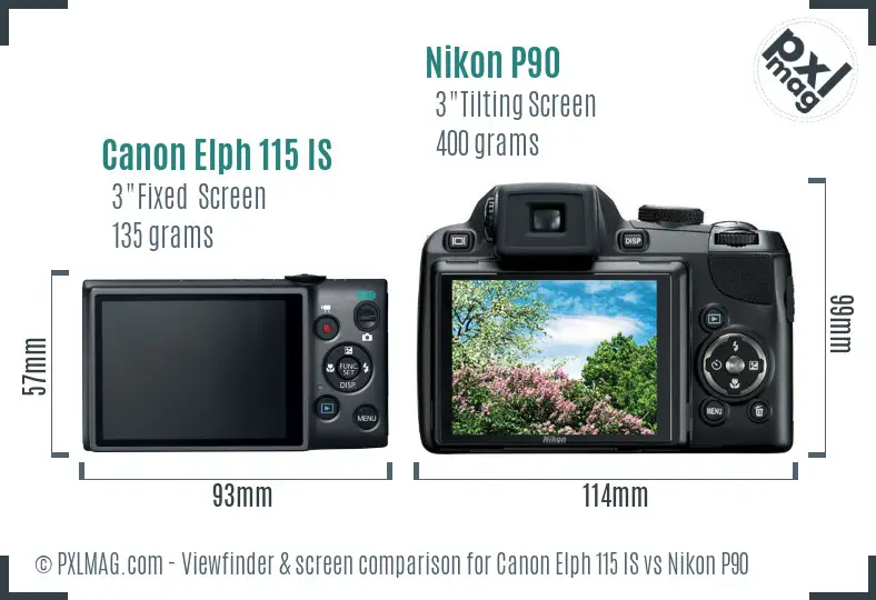 Canon Elph 115 IS vs Nikon P90 Screen and Viewfinder comparison