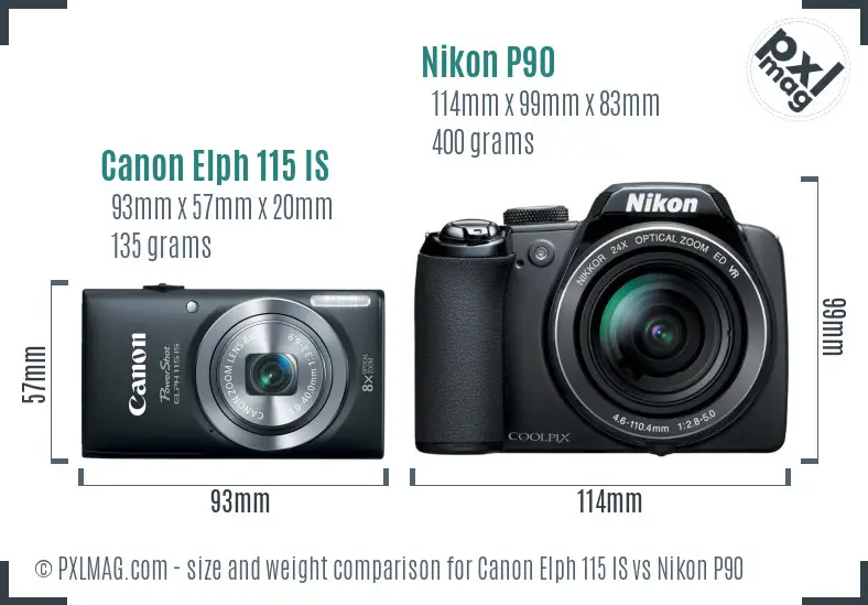 Canon Elph 115 IS vs Nikon P90 size comparison Canon Elph 115 IS vs Nikon P90 size comparison