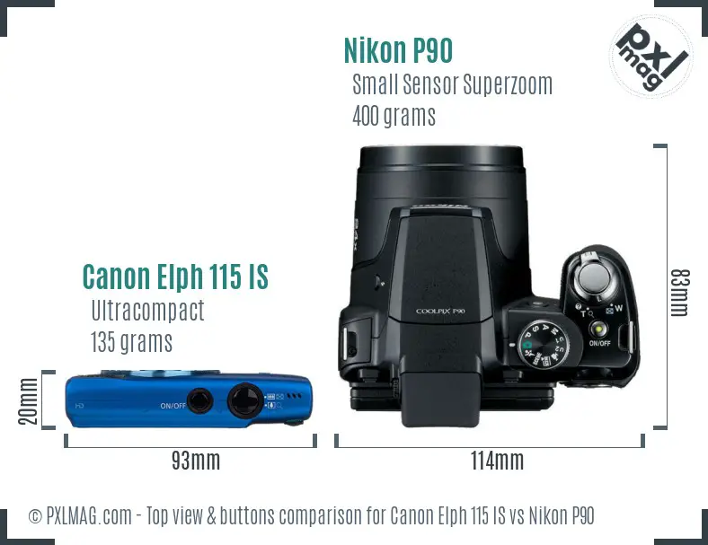 Canon Elph 115 IS vs Nikon P90 top view buttons comparison