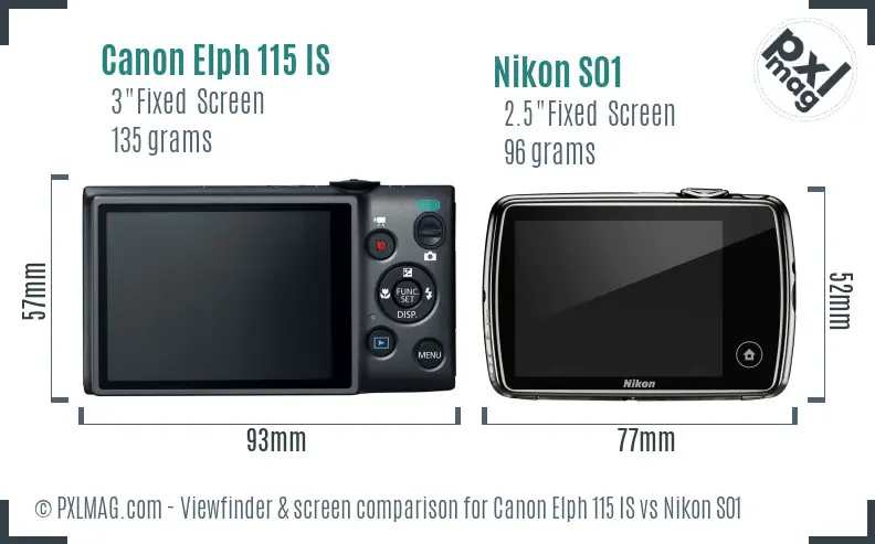 Canon Elph 115 IS vs Nikon S01 Screen and Viewfinder comparison