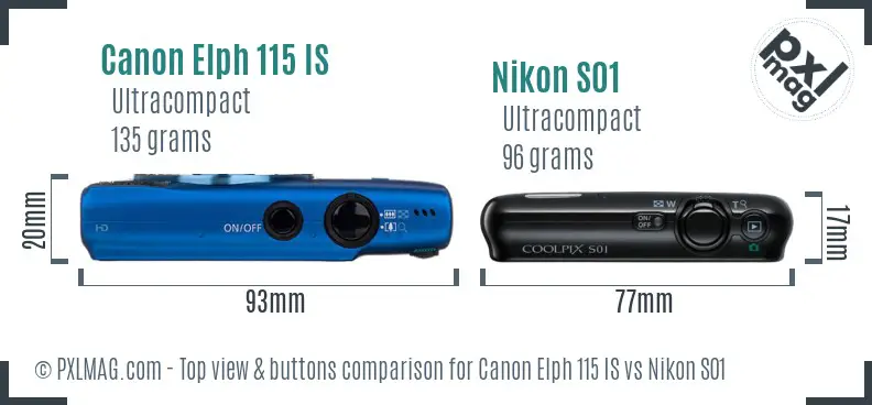 Canon Elph 115 IS vs Nikon S01 top view buttons comparison