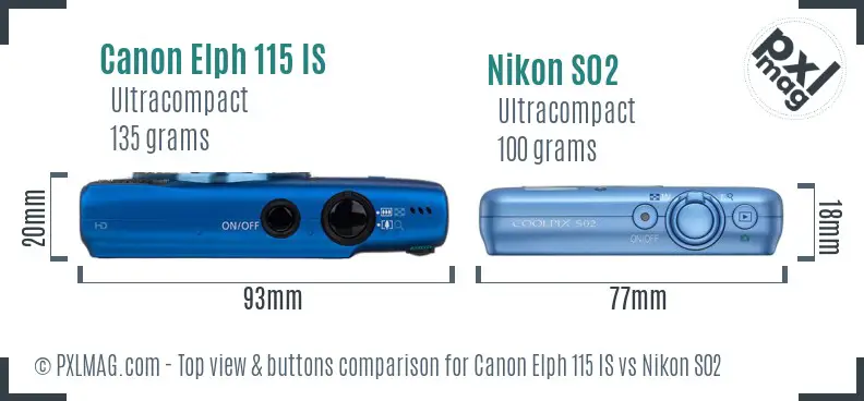 Canon Elph 115 IS vs Nikon S02 top view buttons comparison